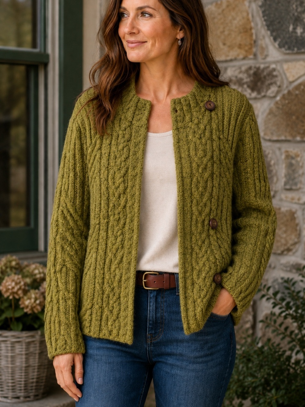 Icelandic Design Aran Cable Knit Cardigan Olive Green Size Medium